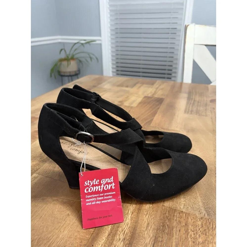 Dexflex Comfort Sz 11 Women's Macie Black Faux Suede Cross Strap Pump Heel, NIB